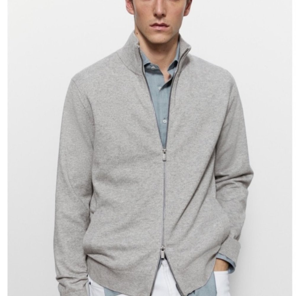 MASSIMO DUTTI GRAY WOOL/CASHMERE ZIP CARDIGAN XL